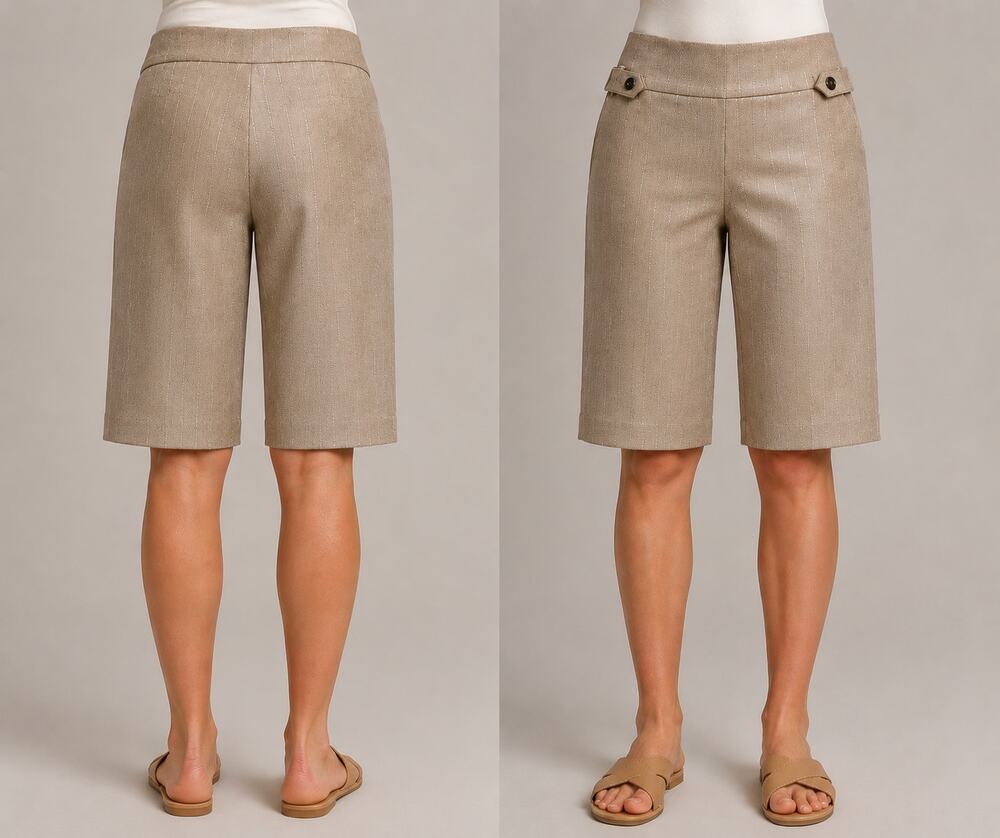 Cache Beige Self Belt Metallic Stripe Walking Bermuda Short New NWT $98 Sz 4
